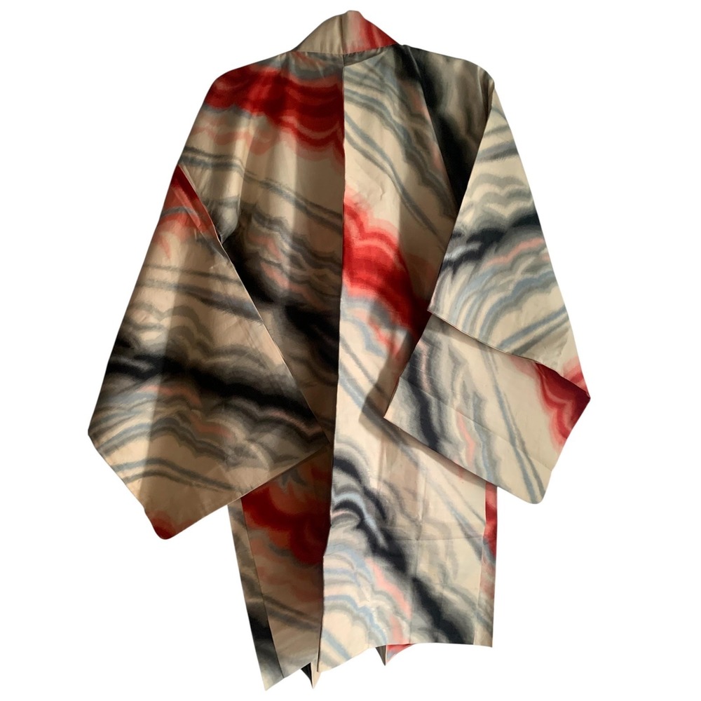Vintage Silk Kimono Haori Unisex S Blue Red Antique Handmade Robe